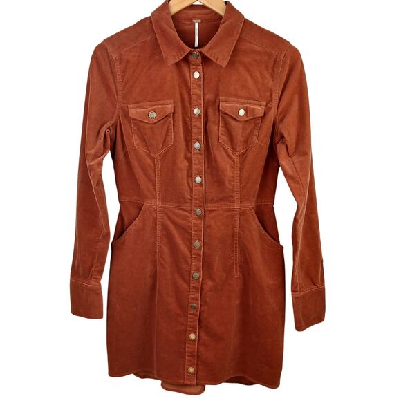 Free People SZ S Dynomite In Cord Mini Dress In Burnt Orange $128 - Picture 4 of 7